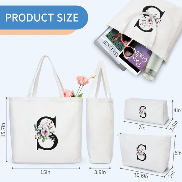 3-Piece Canvas Tote Bag with 2 Makeup Bags -10.6" x 3" x 6" & 7" x 2.5" x 4" - Picture 4 of 7